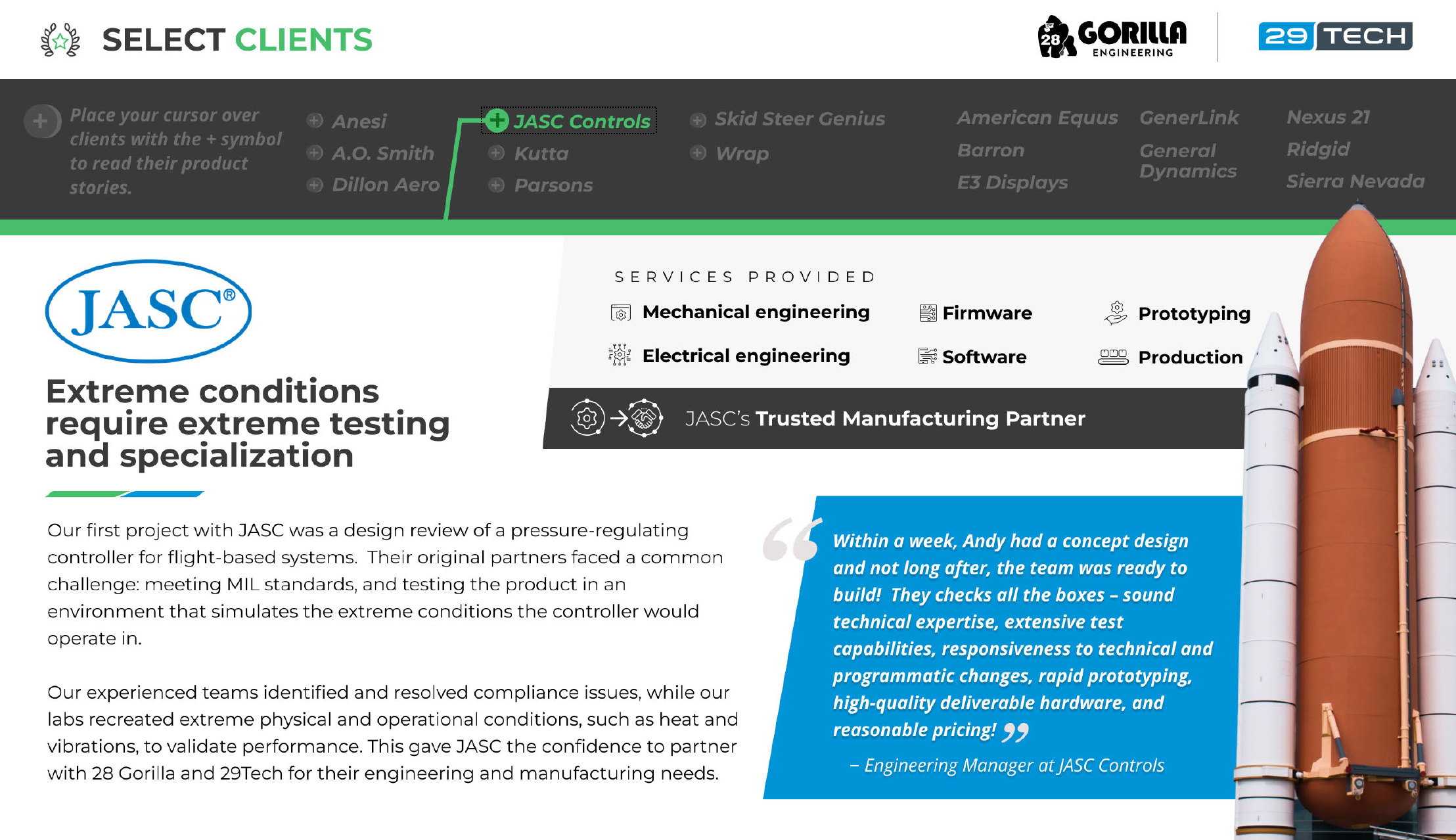 JASC Controls client case study slide from the pitch deck